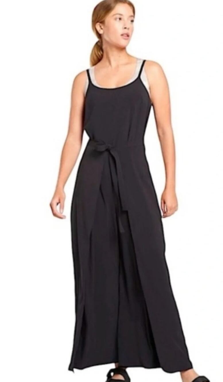 new ATHLETA It's a Wrap black sleeveless wide leg romper jumpsuit athleisure